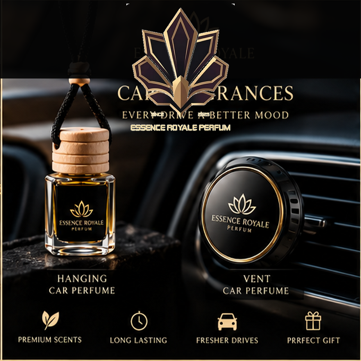Essence Royale Perfum Car Fragrance — hanging and vent cinematic presentation