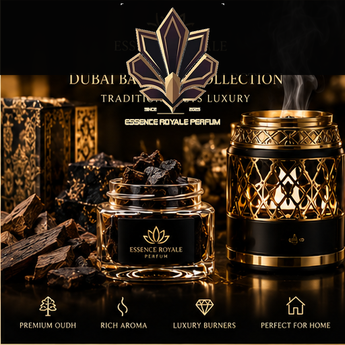 Essence Royale Perfum Dubai Bakhoor Collection — cinematic bakhoor and luxury burner