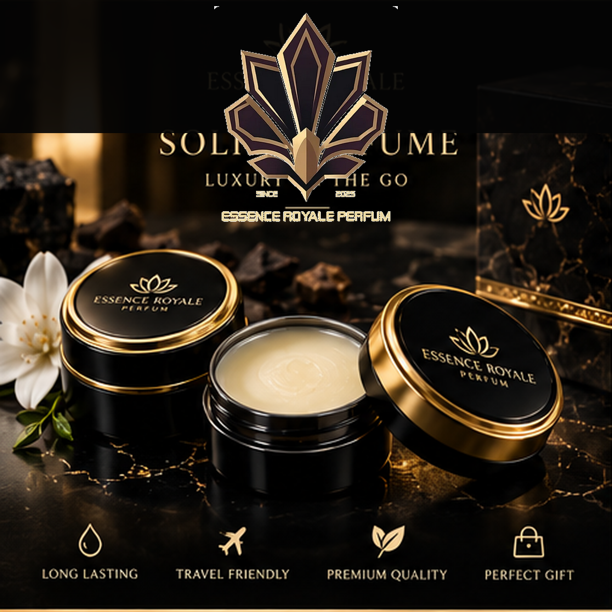 Essence Royale Perfum Solid Perfume — cinematic black and gold presentation
